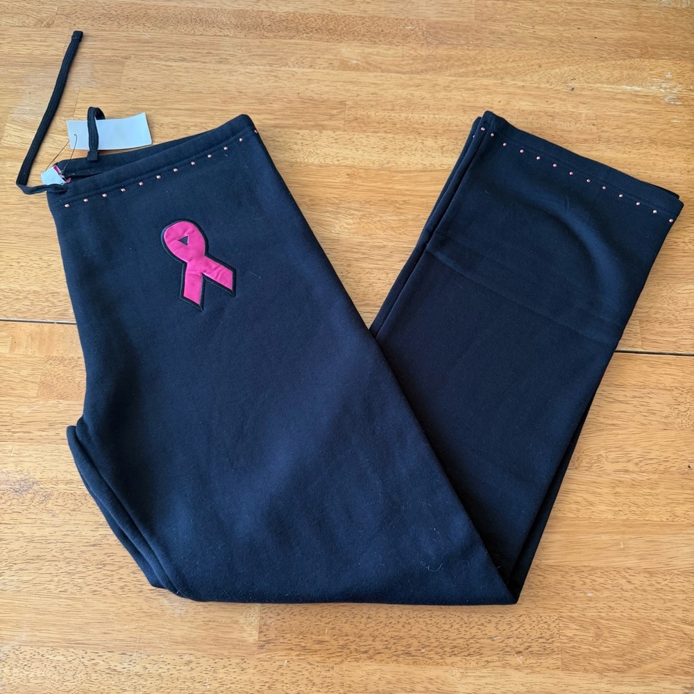 Think Pink Black Fleece Pants w/ Pink Ribbon & Rhinestone Detail (XL) Comfy Chic